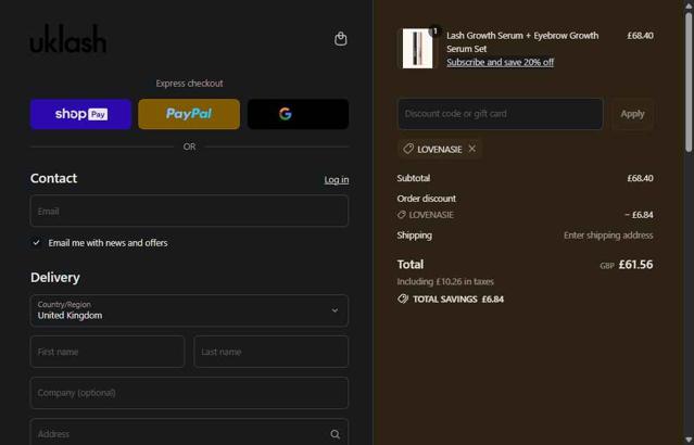 Uklash UK checkout page showing Uklash UK discount code box | Screenshot taken by SimplyCodes community member on Aug 25, 2025