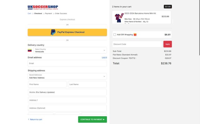 UKSoccerShop checkout page showing UKSoccerShop promo code box | Screenshot taken by SimplyCodes community member on Aug 21, 2025