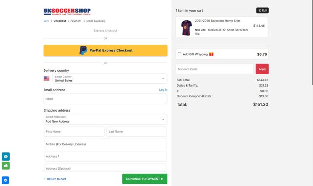 UKSoccerShop checkout page showing UKSoccerShop promo code box | Screenshot taken by SimplyCodes community member on Sep 6, 2025