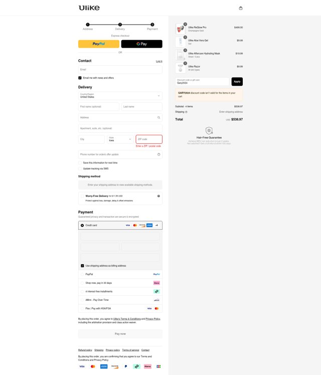 Ulike checkout page showing Ulike coupon code box | Screenshot taken by SimplyCodes community member on Sep 2, 2025