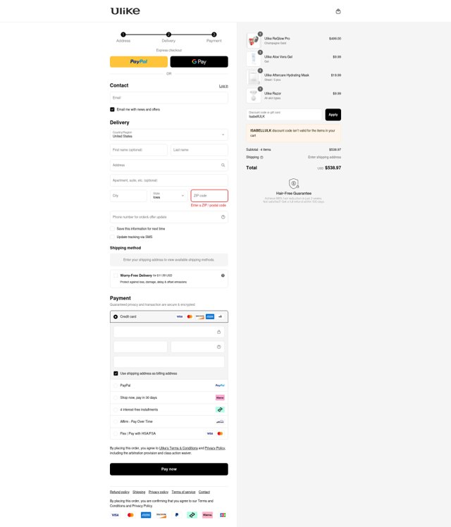 Ulike checkout page showing Ulike coupon code box | Screenshot taken by SimplyCodes community member on Sep 2, 2025