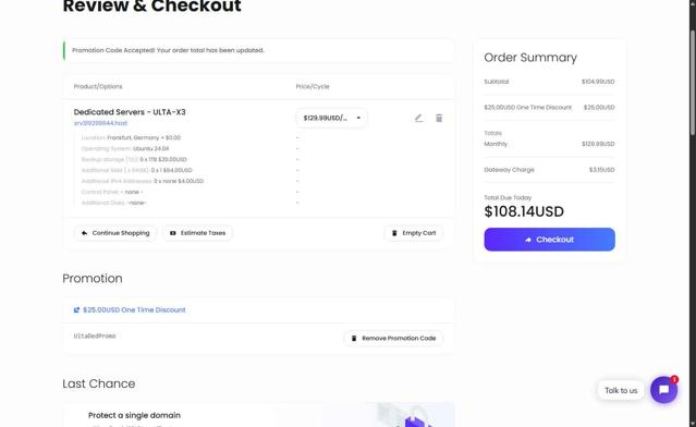 UltaHost checkout page showing UltaHost promo code box | Screenshot taken by SimplyCodes community member on Jul 21, 2025