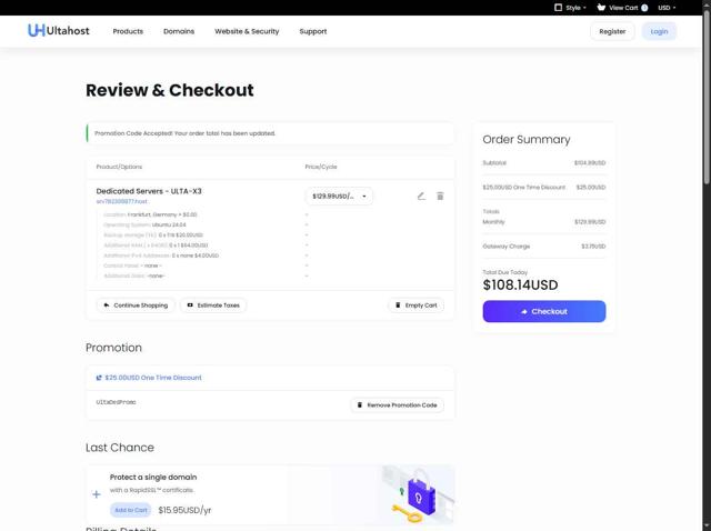 UltaHost checkout page showing UltaHost promo code box | Screenshot taken by SimplyCodes community member on Sep 4, 2025