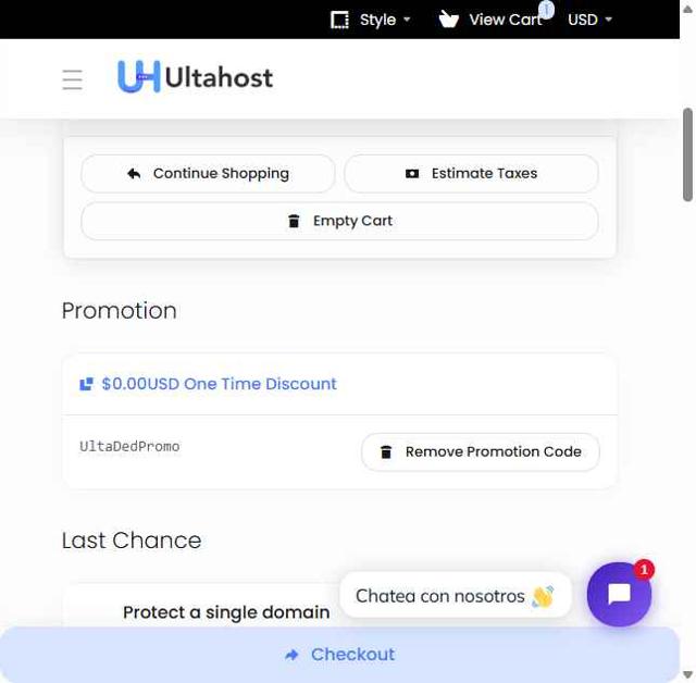 UltaHost checkout page showing UltaHost promo code box | Screenshot taken by SimplyCodes community member on Jul 22, 2025