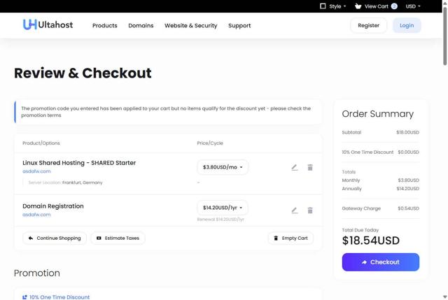 UltaHost checkout page showing UltaHost promo code box | Screenshot taken by SimplyCodes community member on Aug 7, 2025