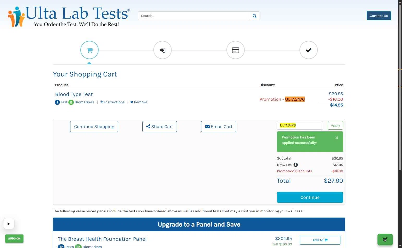 Ulta Lab Tests checkout page showing Ulta Lab Tests promo code box | Screenshot taken by SimplyCodes community member on Dec 28, 2025