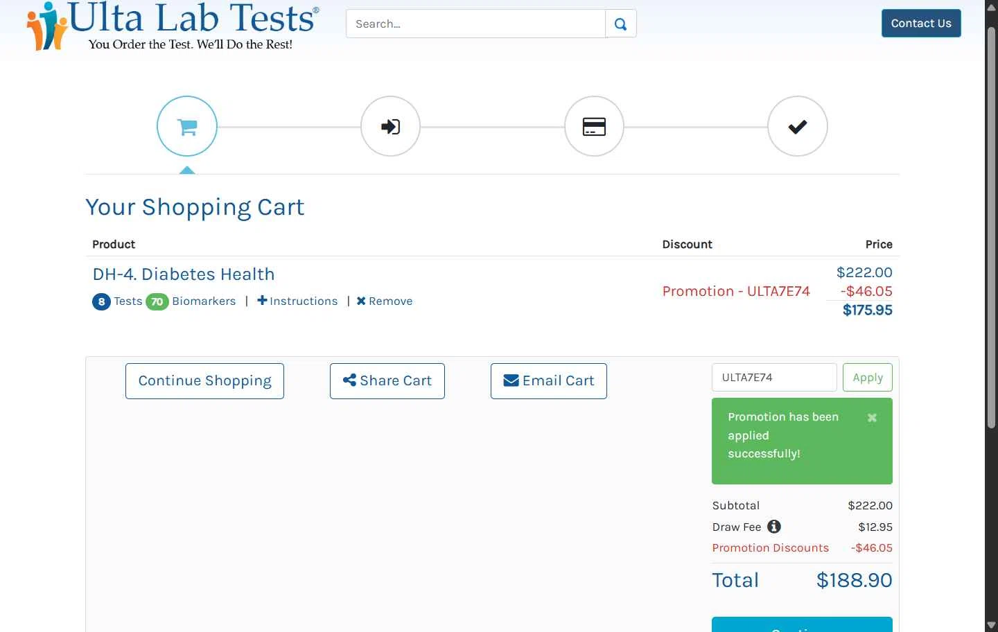 Ulta Lab Tests checkout page showing Ulta Lab Tests promo code box | Screenshot taken by SimplyCodes community member on Dec 31, 2025