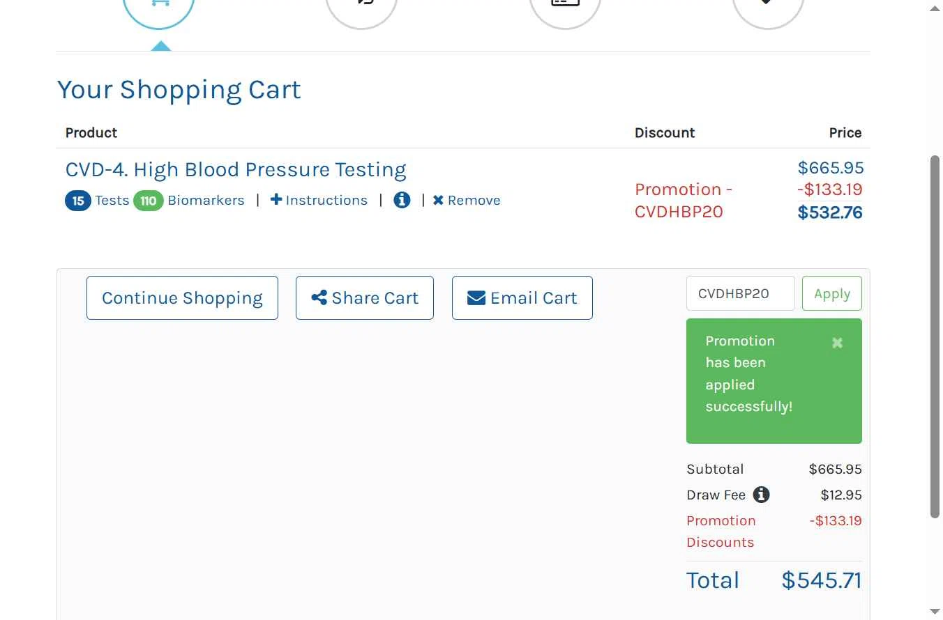 Ulta Lab Tests checkout page showing Ulta Lab Tests promo code box | Screenshot taken by SimplyCodes community member on Jan 4, 2026
