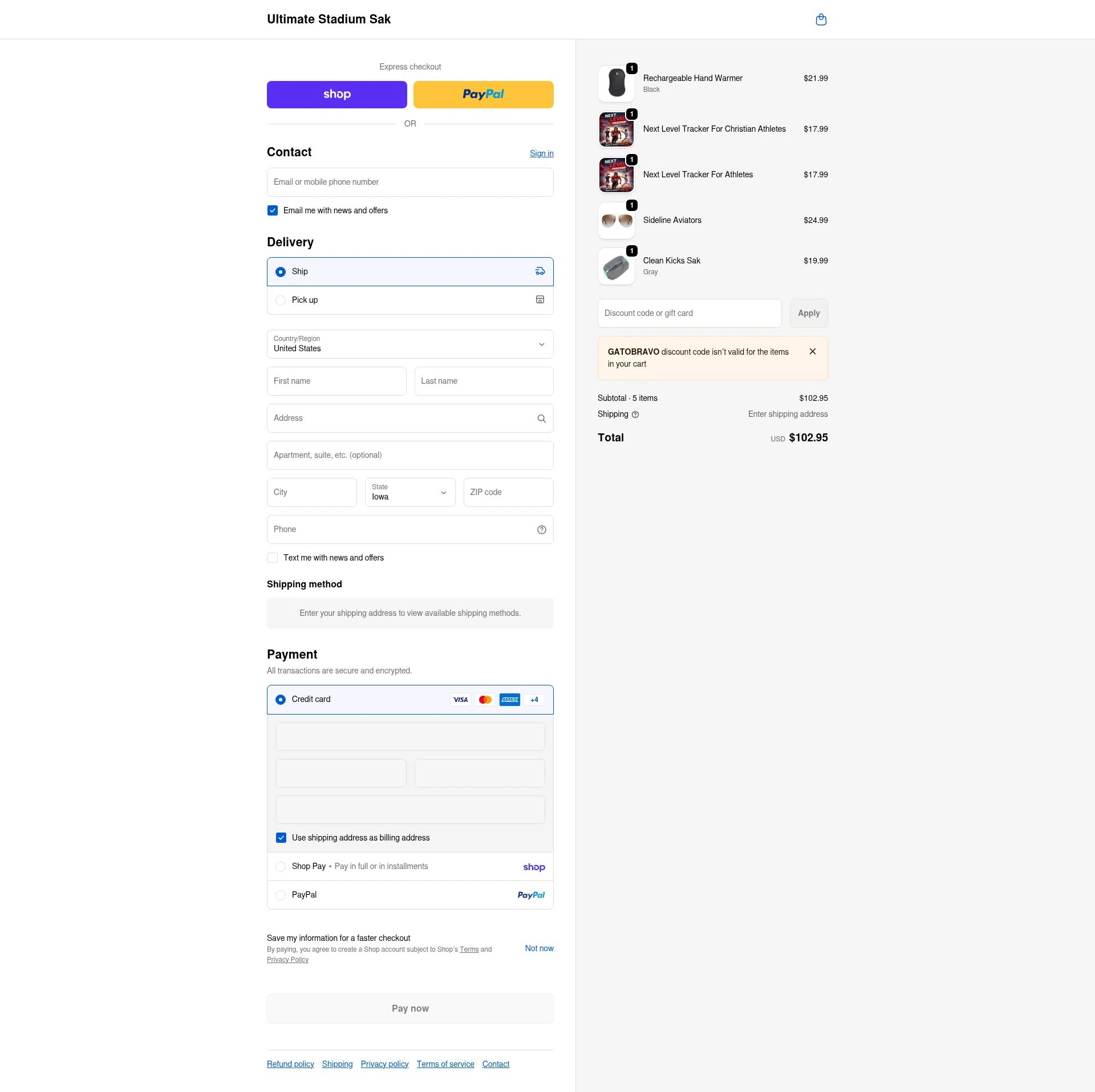 Ultimate Stadium Sak checkout page showing Ultimate Stadium Sak discount code box | Screenshot taken by SimplyCodes community member on Feb 17, 2026