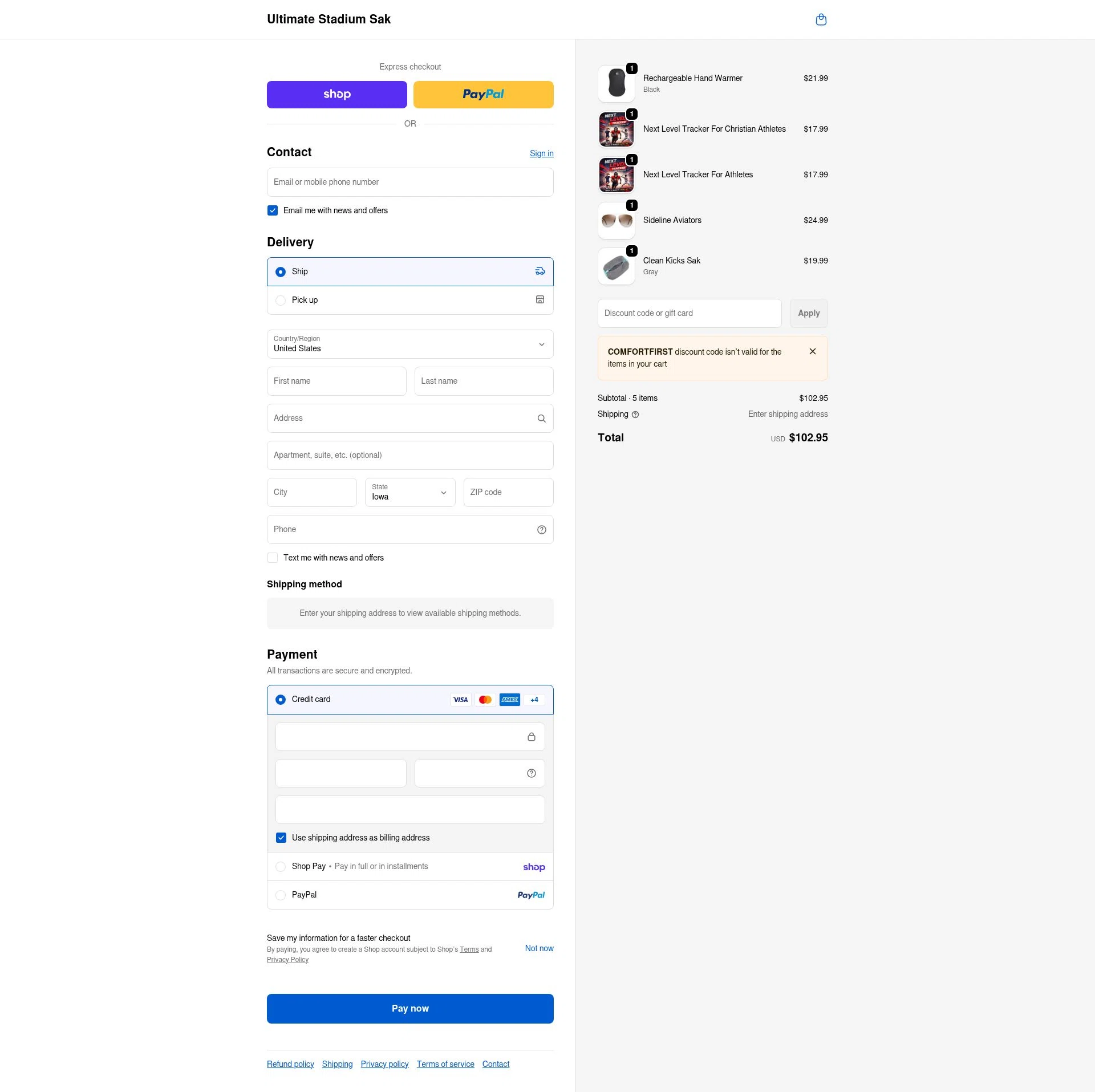 Ultimate Stadium Sak checkout page showing Ultimate Stadium Sak discount code box | Screenshot taken by SimplyCodes community member on Feb 17, 2026