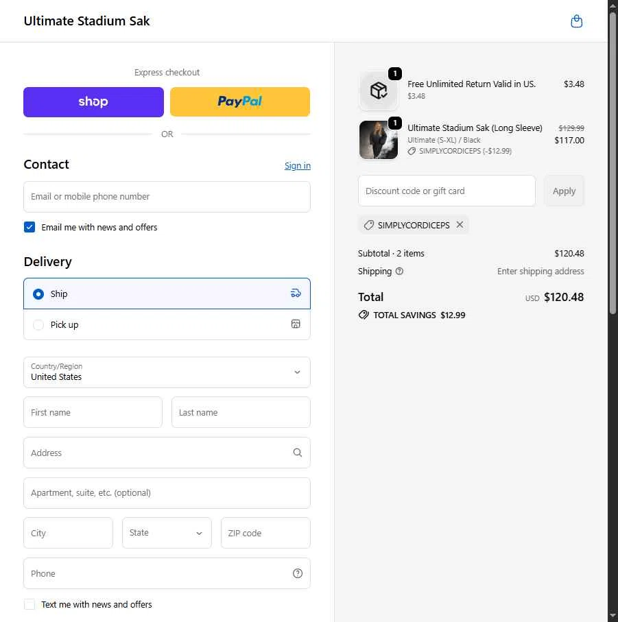 Ultimate Stadium Sak checkout page showing Ultimate Stadium Sak discount code box | Screenshot taken by SimplyCodes community member on Feb 17, 2026