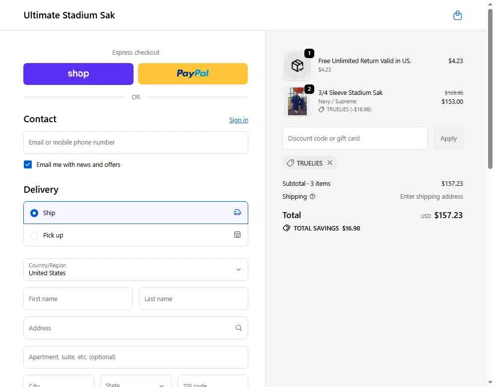 Ultimate Stadium Sak checkout page showing Ultimate Stadium Sak discount code box | Screenshot taken by SimplyCodes community member on Feb 20, 2026