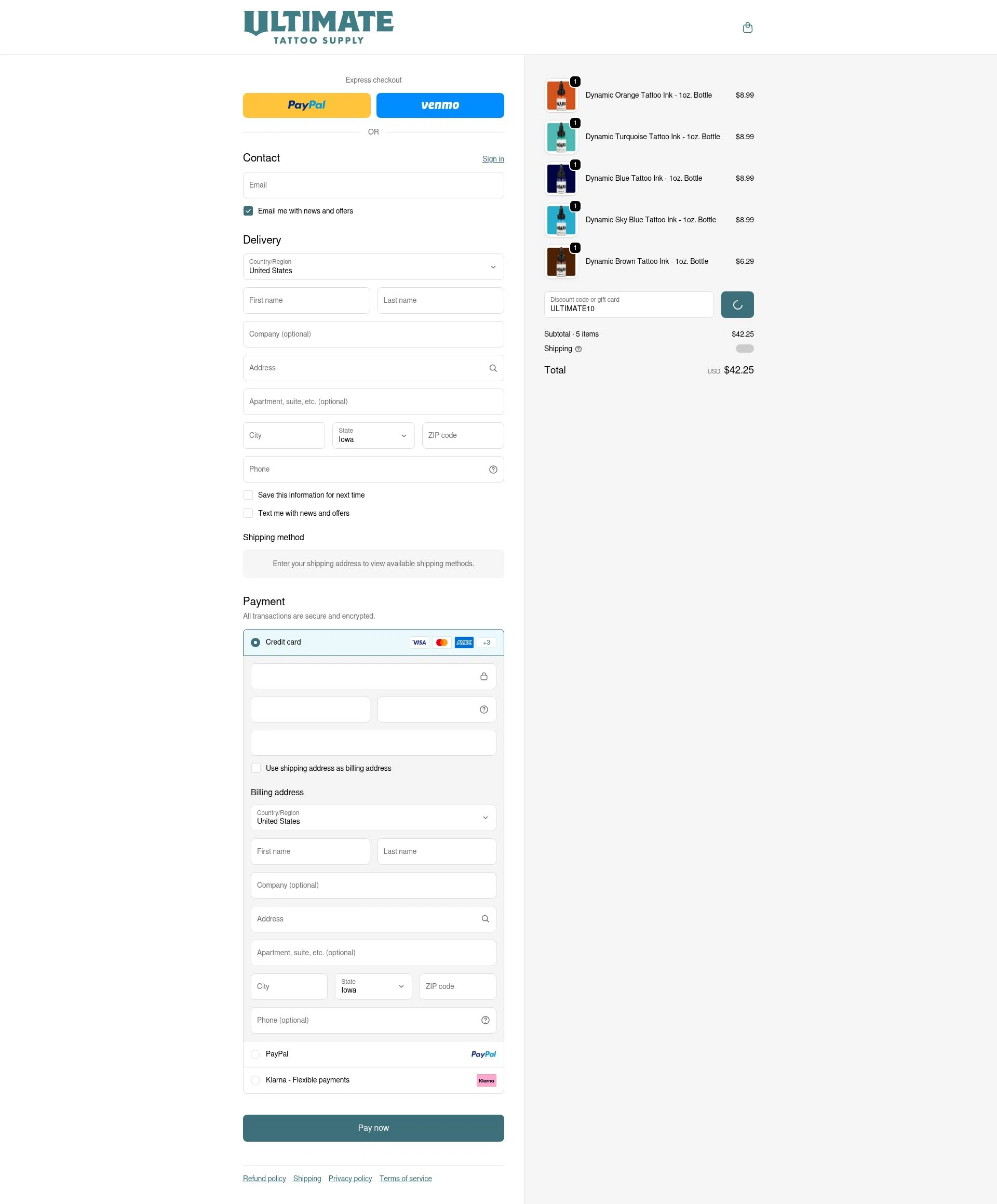 Ultimate Tattoo Supply checkout page showing Ultimate Tattoo Supply discount code box | Screenshot taken by SimplyCodes community member on Feb 16, 2026