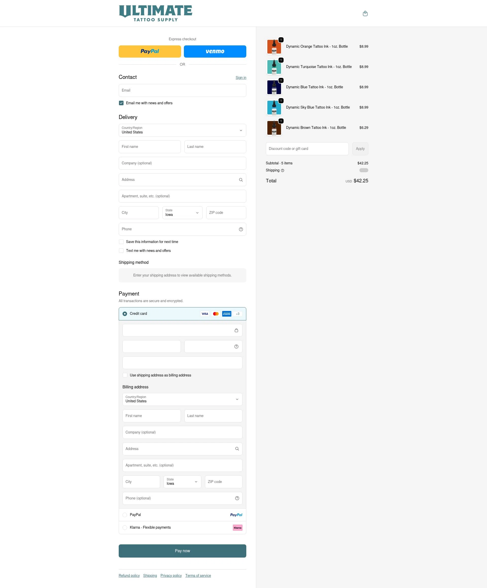Ultimate Tattoo Supply checkout page showing Ultimate Tattoo Supply discount code box | Screenshot taken by SimplyCodes community member on Feb 19, 2026
