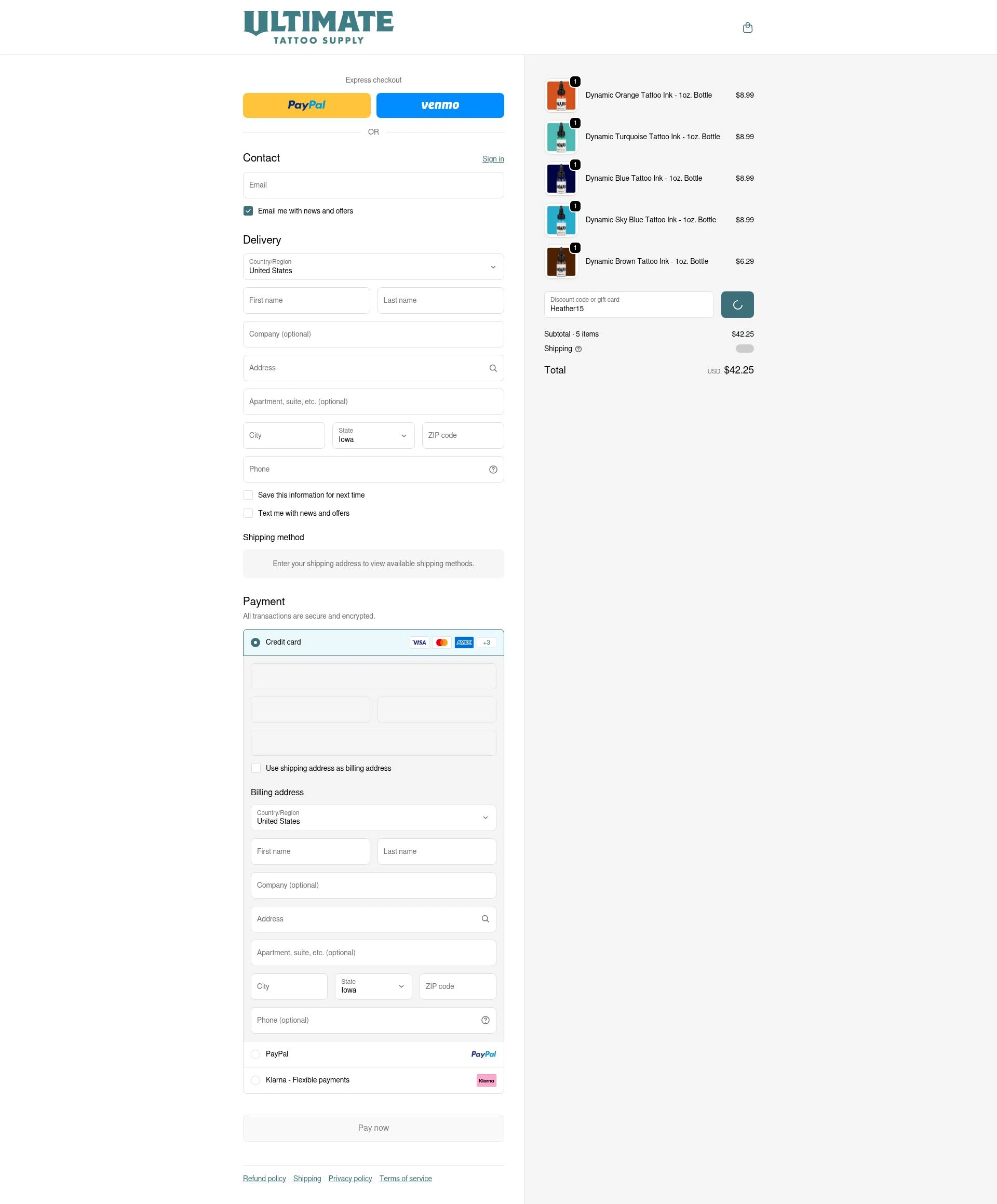 Ultimate Tattoo Supply checkout page showing Ultimate Tattoo Supply discount code box | Screenshot taken by SimplyCodes community member on Feb 16, 2026