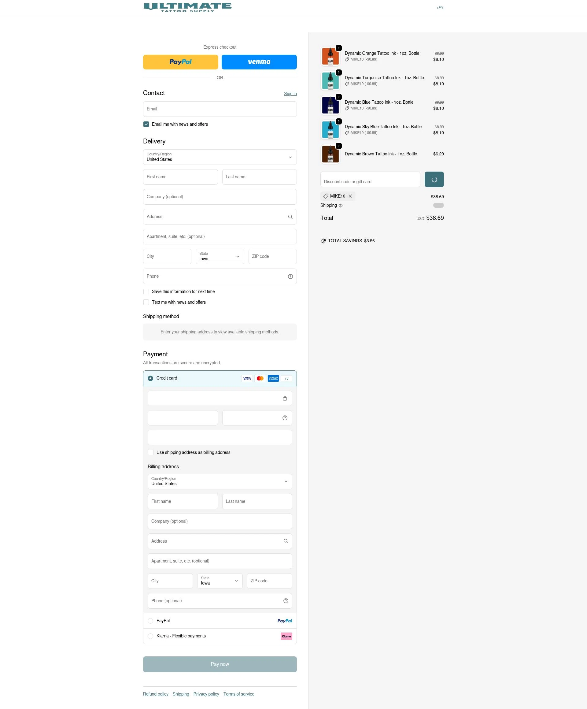 Ultimate Tattoo Supply checkout page showing Ultimate Tattoo Supply discount code box | Screenshot taken by SimplyCodes community member on Feb 16, 2026