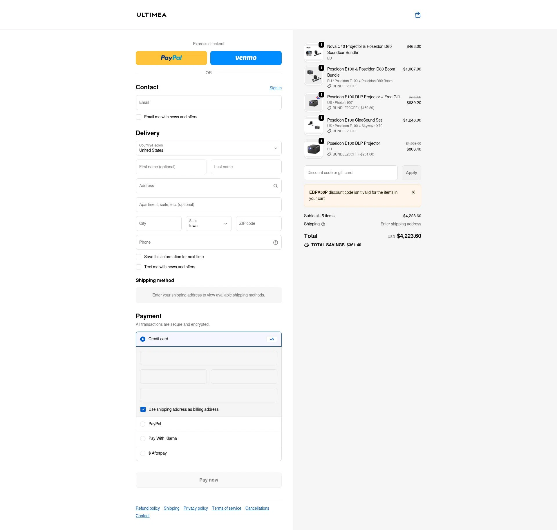 Ultimea checkout page showing Ultimea promo code box | Screenshot taken by SimplyCodes community member on Feb 12, 2026