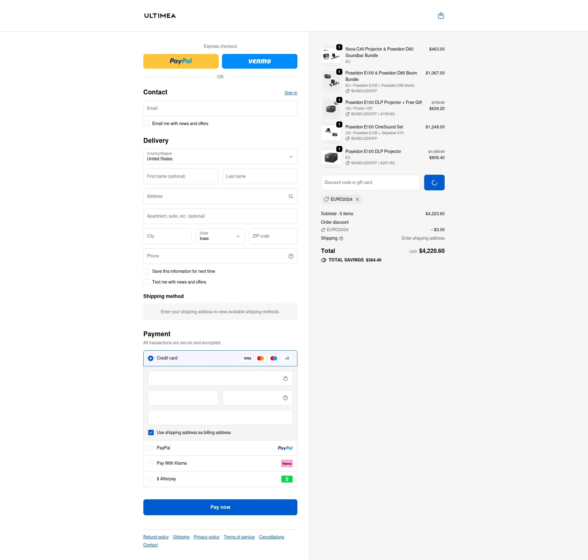 Ultimea checkout page showing Ultimea promo code box | Screenshot taken by SimplyCodes community member on Feb 12, 2026
