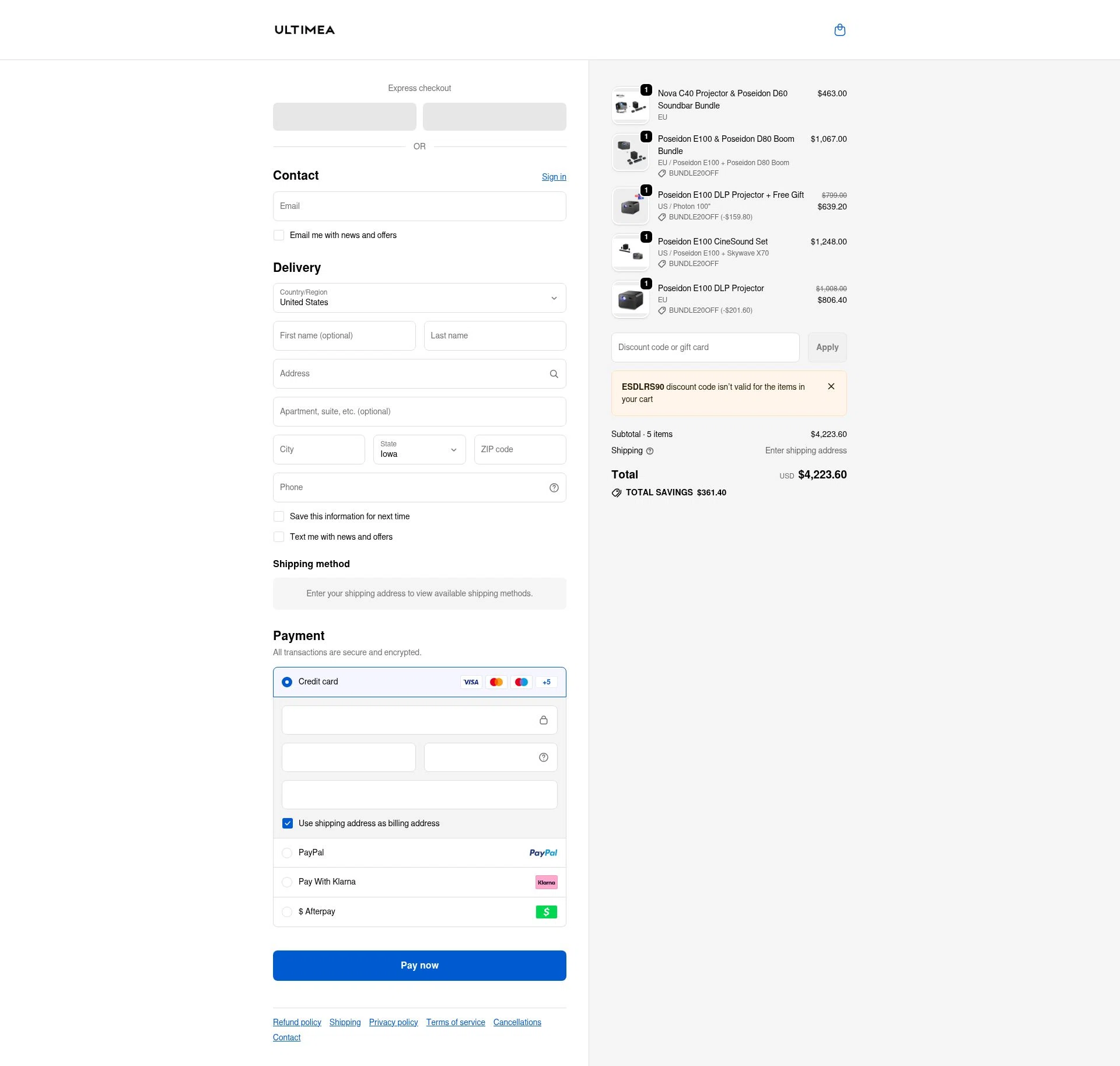Ultimea checkout page showing Ultimea promo code box | Screenshot taken by SimplyCodes community member on Feb 12, 2026