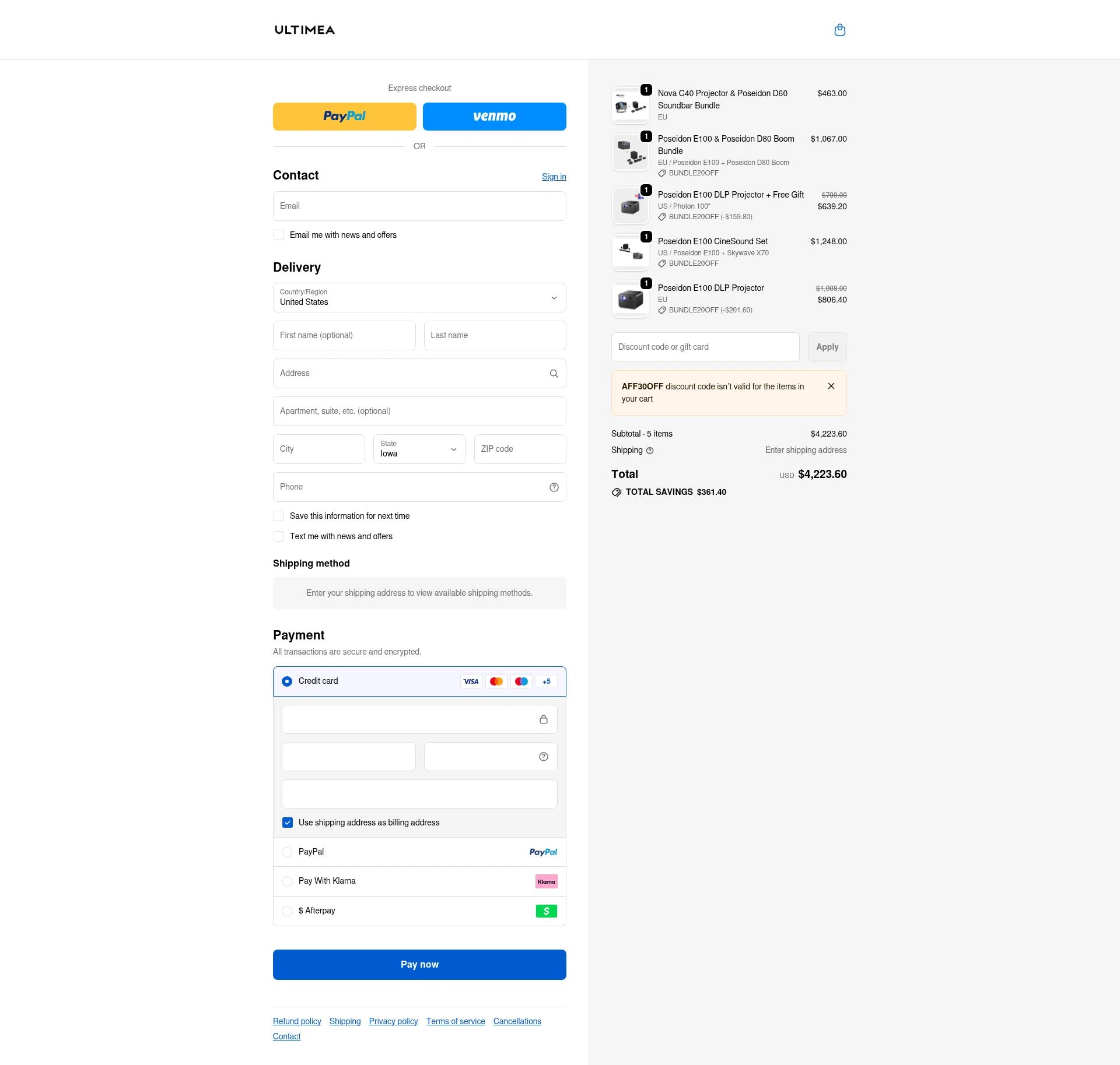 Ultimea checkout page showing Ultimea promo code box | Screenshot taken by SimplyCodes community member on Feb 12, 2026