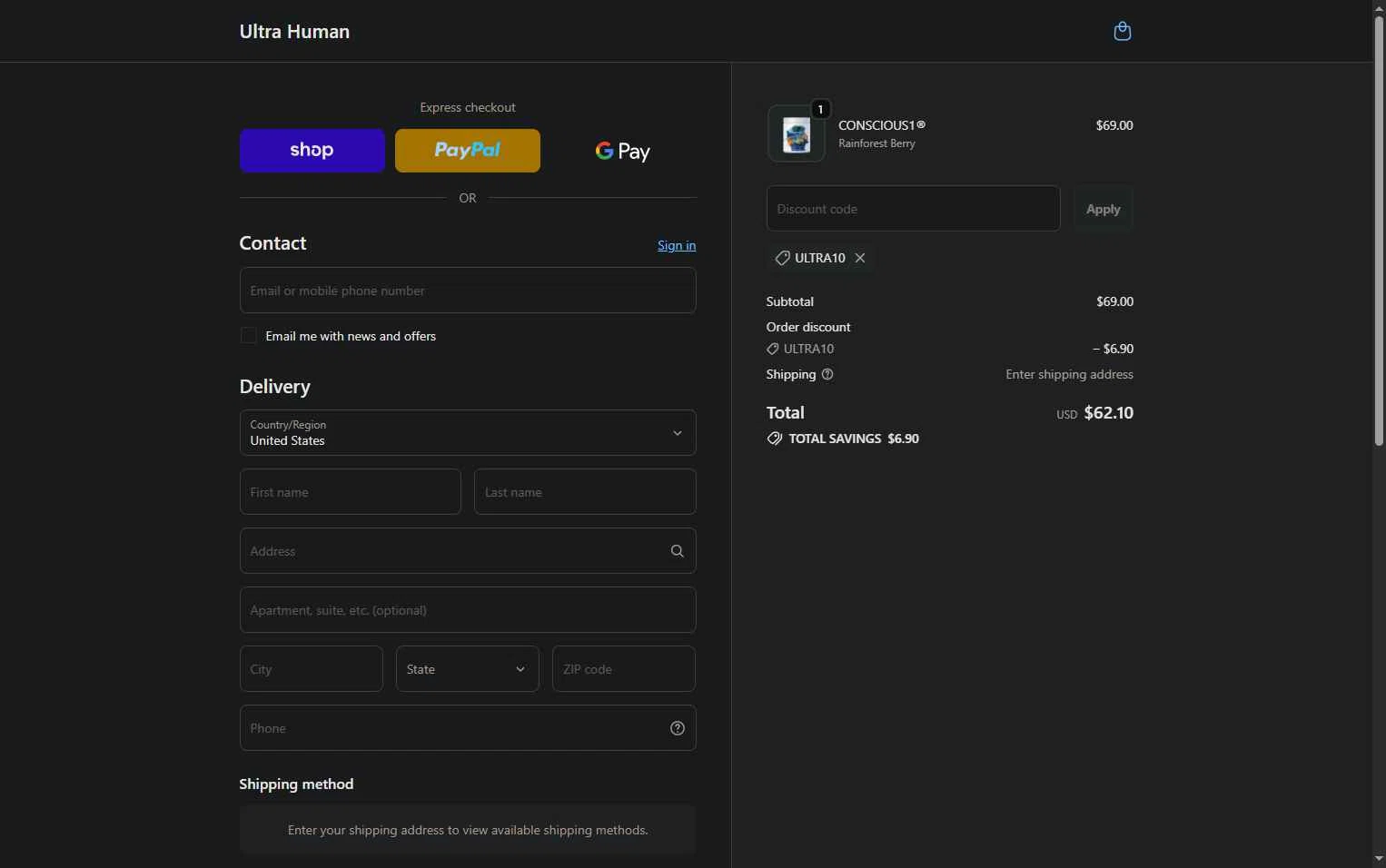 Ultra Human checkout page showing Ultra Human discount code box | Screenshot taken by SimplyCodes community member on Feb 10, 2026