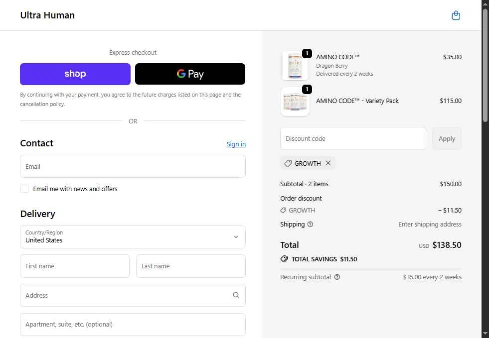 Ultra Human checkout page showing Ultra Human discount code box | Screenshot taken by SimplyCodes community member on Sep 29, 2025