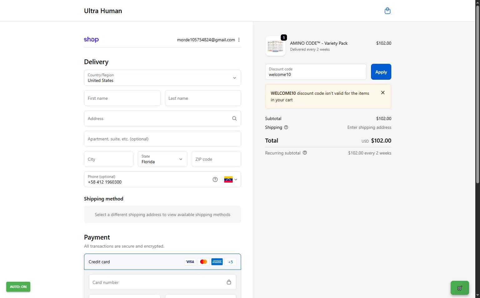Ultra Human checkout page showing Ultra Human discount code box | Screenshot taken by SimplyCodes community member on Oct 12, 2025