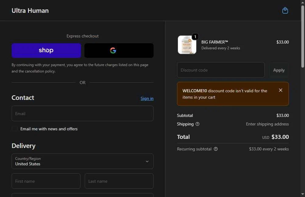Ultra Human checkout page showing Ultra Human discount code box | Screenshot taken by SimplyCodes community member on Feb 5, 2026