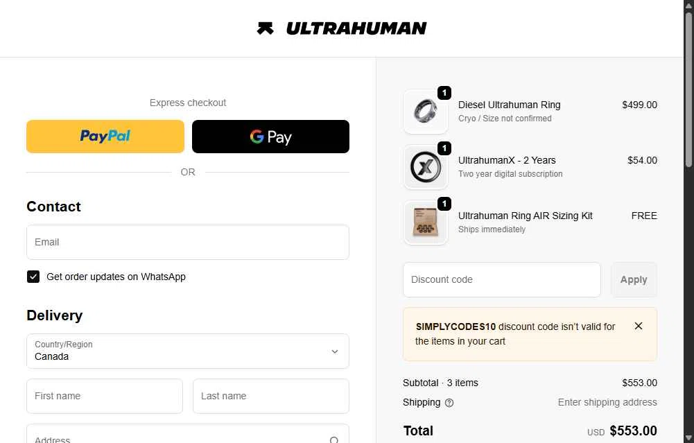 Ultrahuman checkout page showing Ultrahuman discount code box | Screenshot taken by SimplyCodes community member on Jan 25, 2026