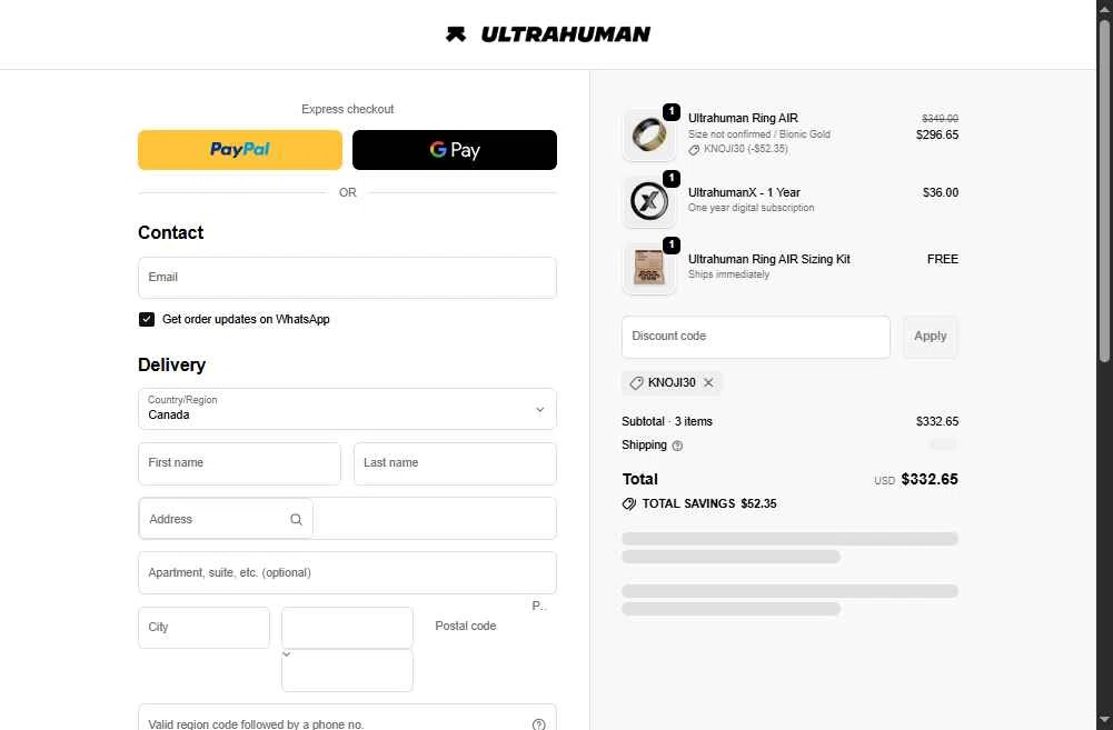 Ultrahuman checkout page showing Ultrahuman discount code box | Screenshot taken by SimplyCodes community member on Feb 2, 2026