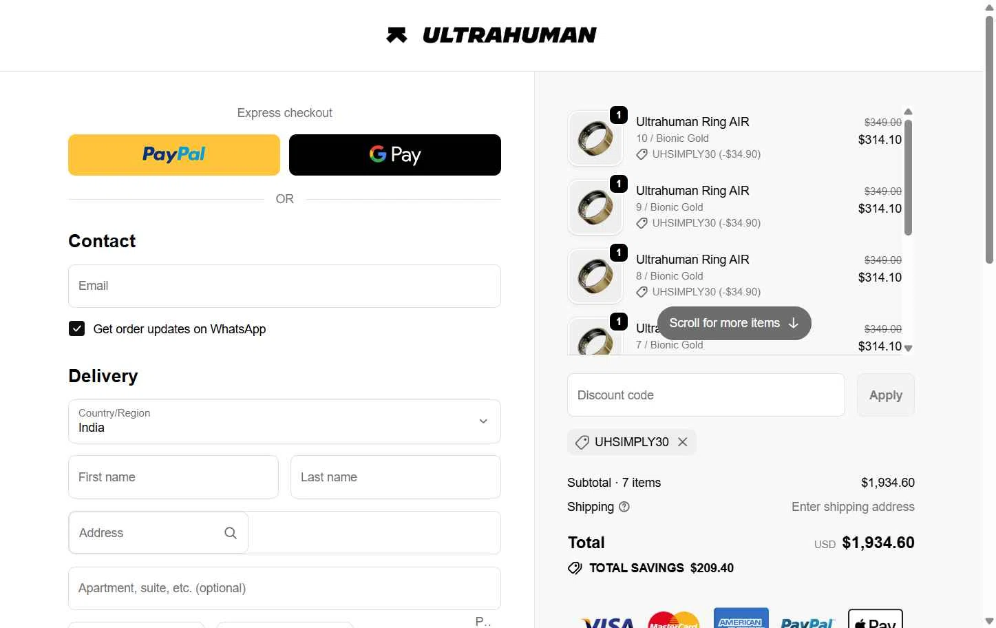 Ultrahuman checkout page showing Ultrahuman discount code box | Screenshot taken by SimplyCodes community member on Feb 13, 2026