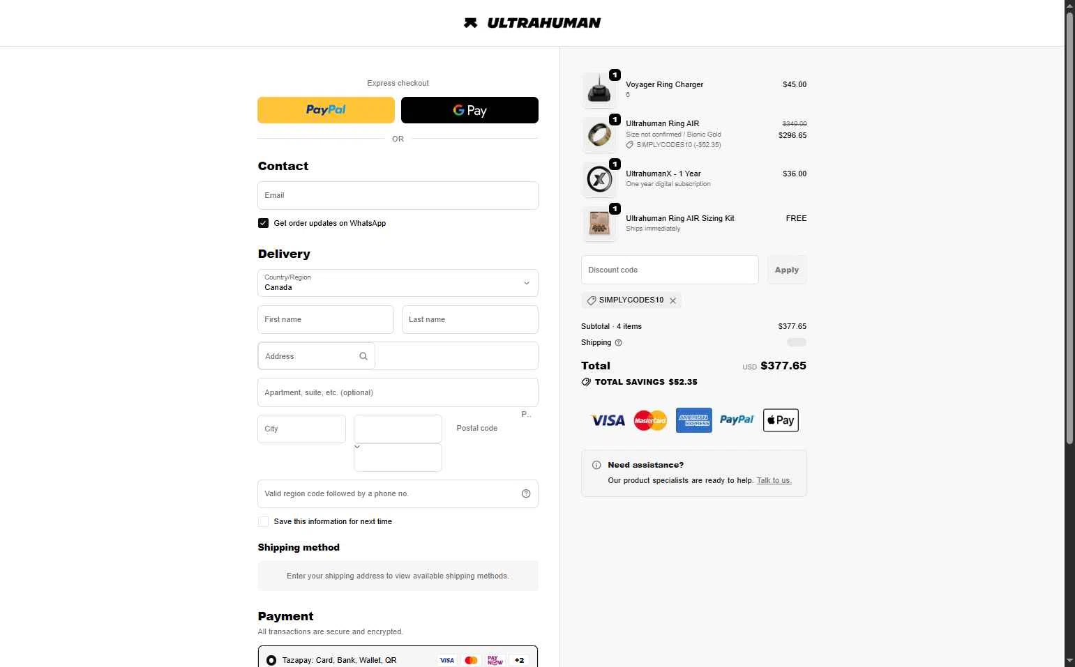 Ultrahuman checkout page showing Ultrahuman discount code box | Screenshot taken by SimplyCodes community member on Jan 25, 2026