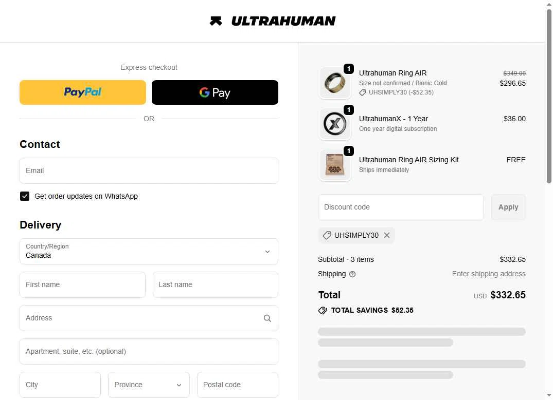 Ultrahuman checkout page showing Ultrahuman discount code box | Screenshot taken by SimplyCodes community member on Feb 2, 2026