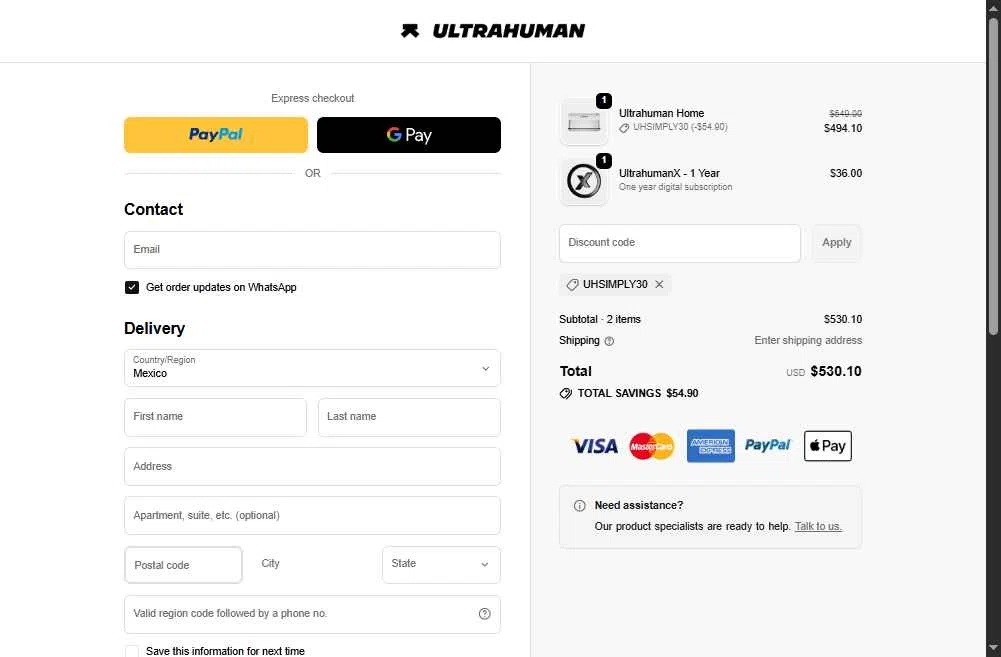 Ultrahuman checkout page showing Ultrahuman discount code box | Screenshot taken by SimplyCodes community member on Feb 11, 2026
