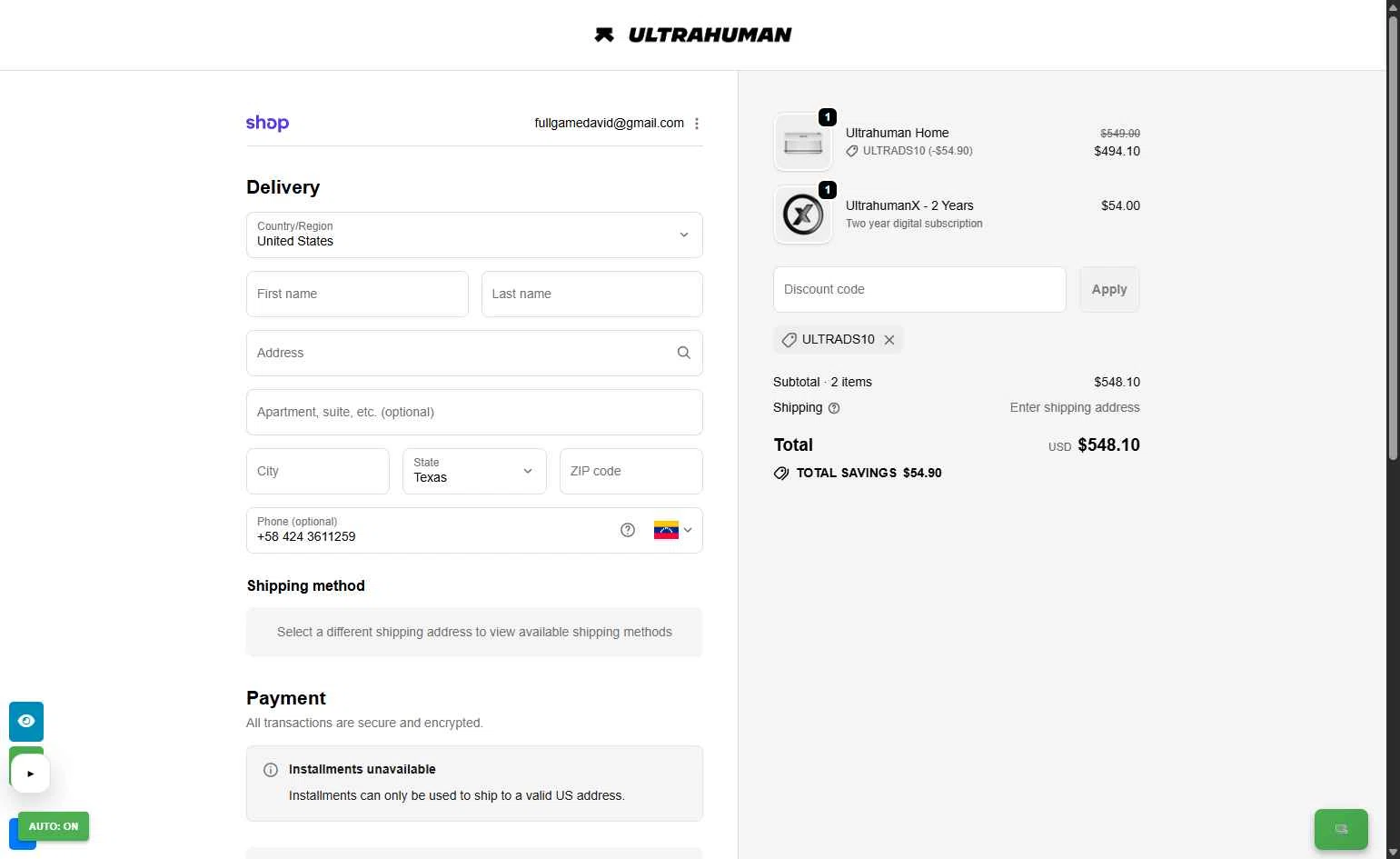 Ultrahuman checkout page showing Ultrahuman discount code box | Screenshot taken by SimplyCodes community member on Feb 4, 2026