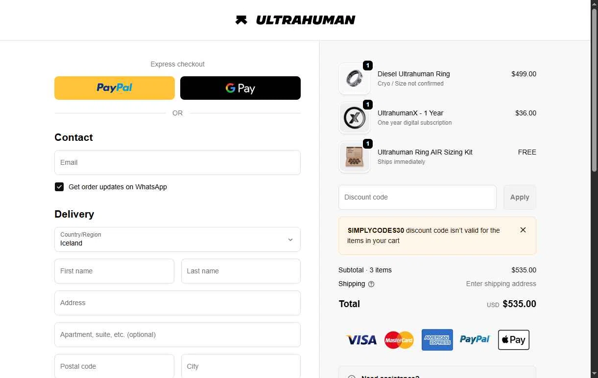 Ultrahuman checkout page showing Ultrahuman discount code box | Screenshot taken by SimplyCodes community member on Feb 5, 2026
