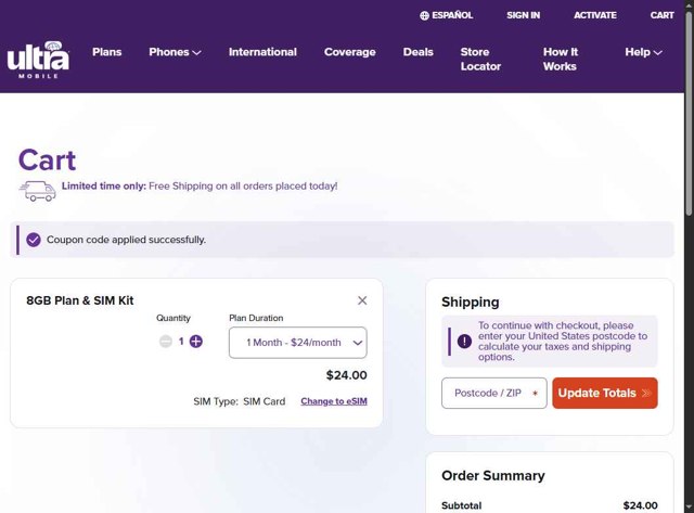Ultra Mobile checkout page showing Ultra Mobile discount code box | Screenshot taken by SimplyCodes community member on Jul 21, 2025
