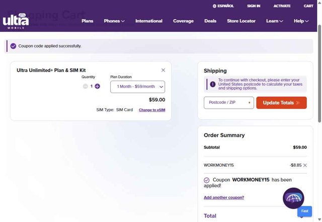 Ultra Mobile checkout page showing Ultra Mobile discount code box | Screenshot taken by SimplyCodes community member on Aug 29, 2025
