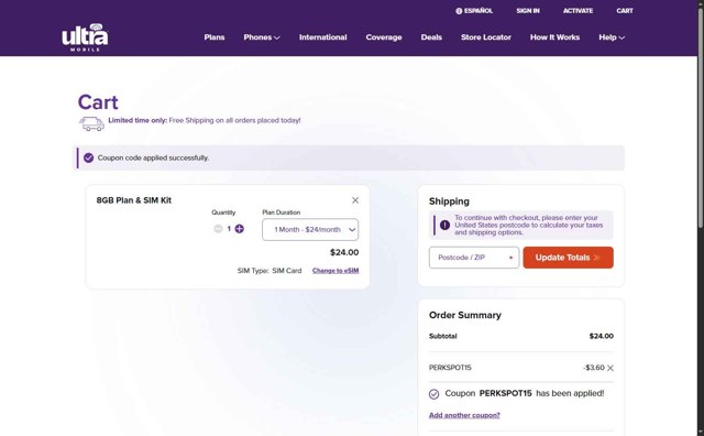 Ultra Mobile checkout page showing Ultra Mobile discount code box | Screenshot taken by SimplyCodes community member on Jul 21, 2025