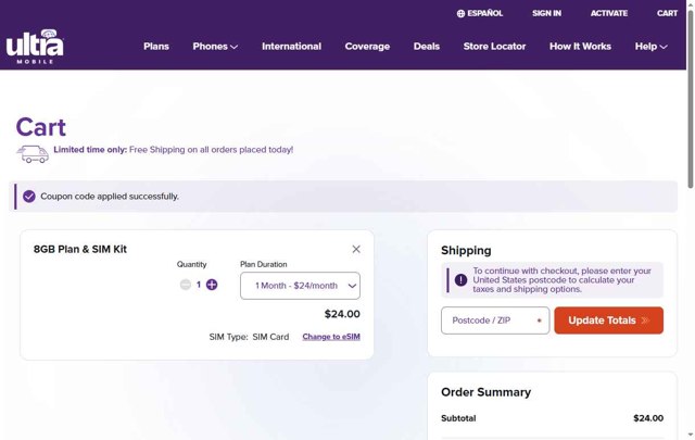 Ultra Mobile checkout page showing Ultra Mobile discount code box | Screenshot taken by SimplyCodes community member on Jul 21, 2025