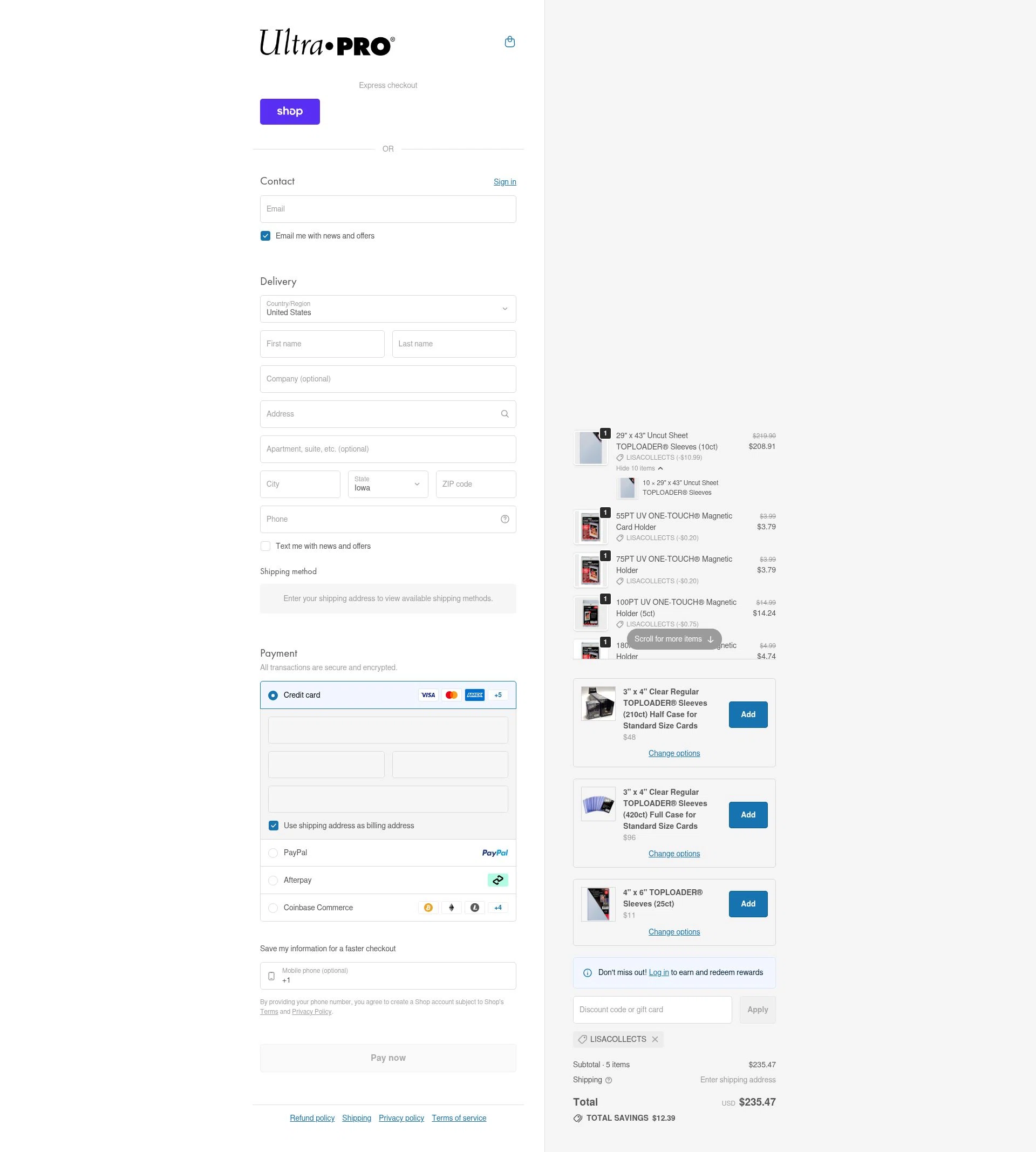 Ultra Pro checkout page showing Ultra Pro discount code box | Screenshot taken by SimplyCodes community member on Feb 3, 2026