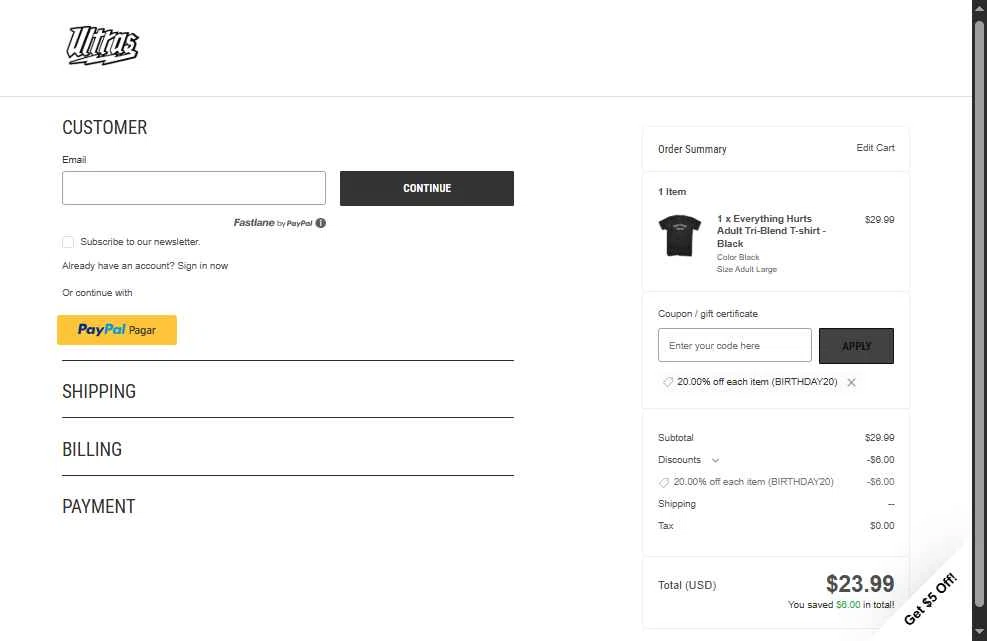 Ultras checkout page showing Ultras coupon code box | Screenshot taken by SimplyCodes community member on Feb 5, 2026
