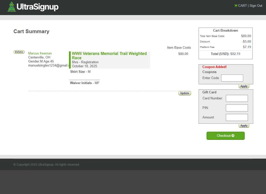 Ultra Signup checkout page showing Ultra Signup coupon code box | Screenshot taken by SimplyCodes community member on Oct 12, 2025