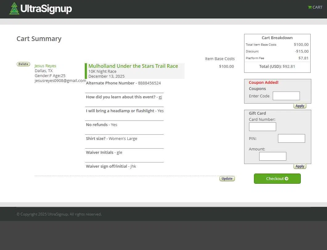Ultra Signup checkout page showing Ultra Signup coupon code box | Screenshot taken by SimplyCodes community member on Oct 12, 2025