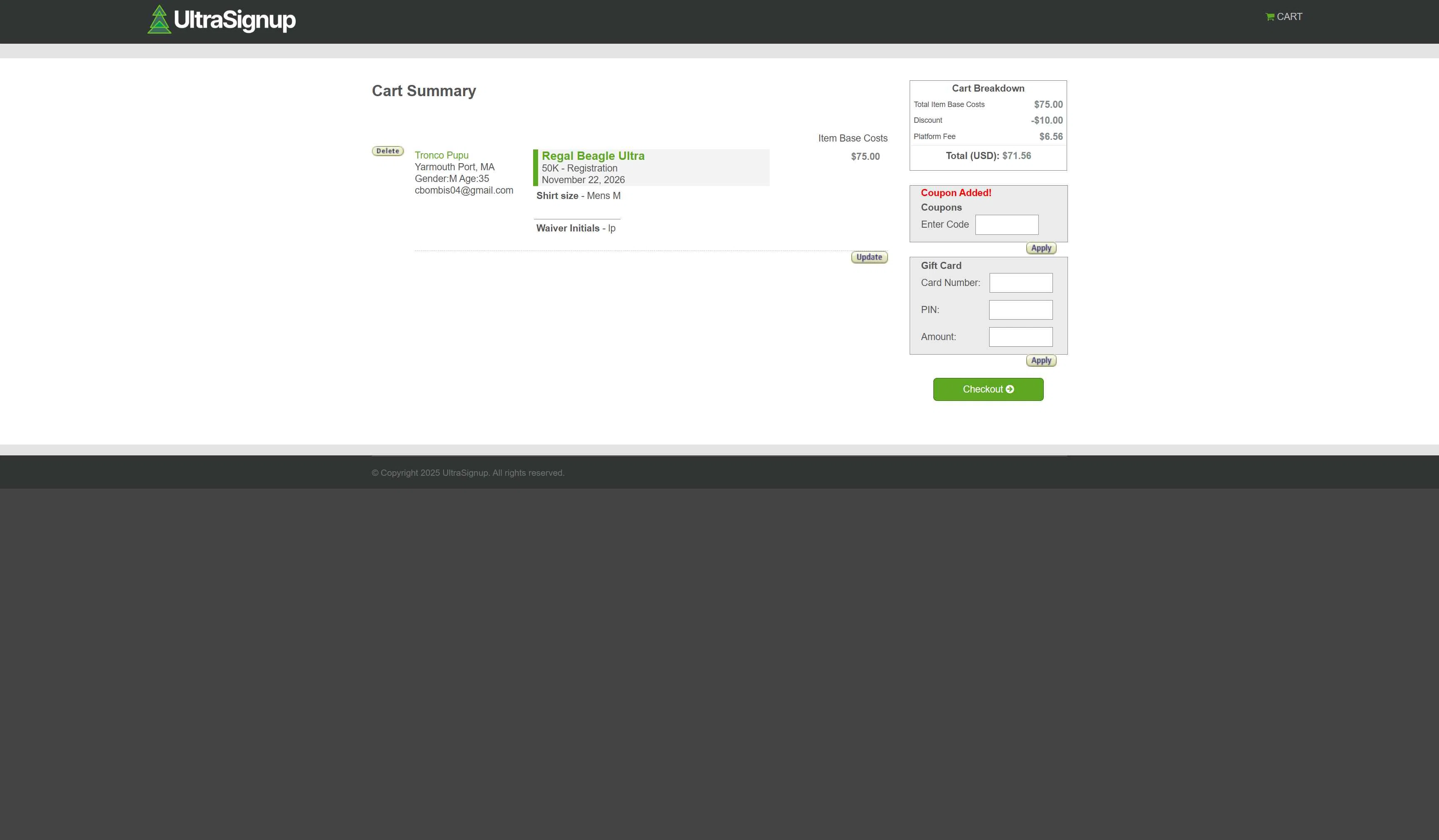 Ultra Signup checkout page showing Ultra Signup coupon code box | Screenshot taken by SimplyCodes community member on Dec 21, 2025