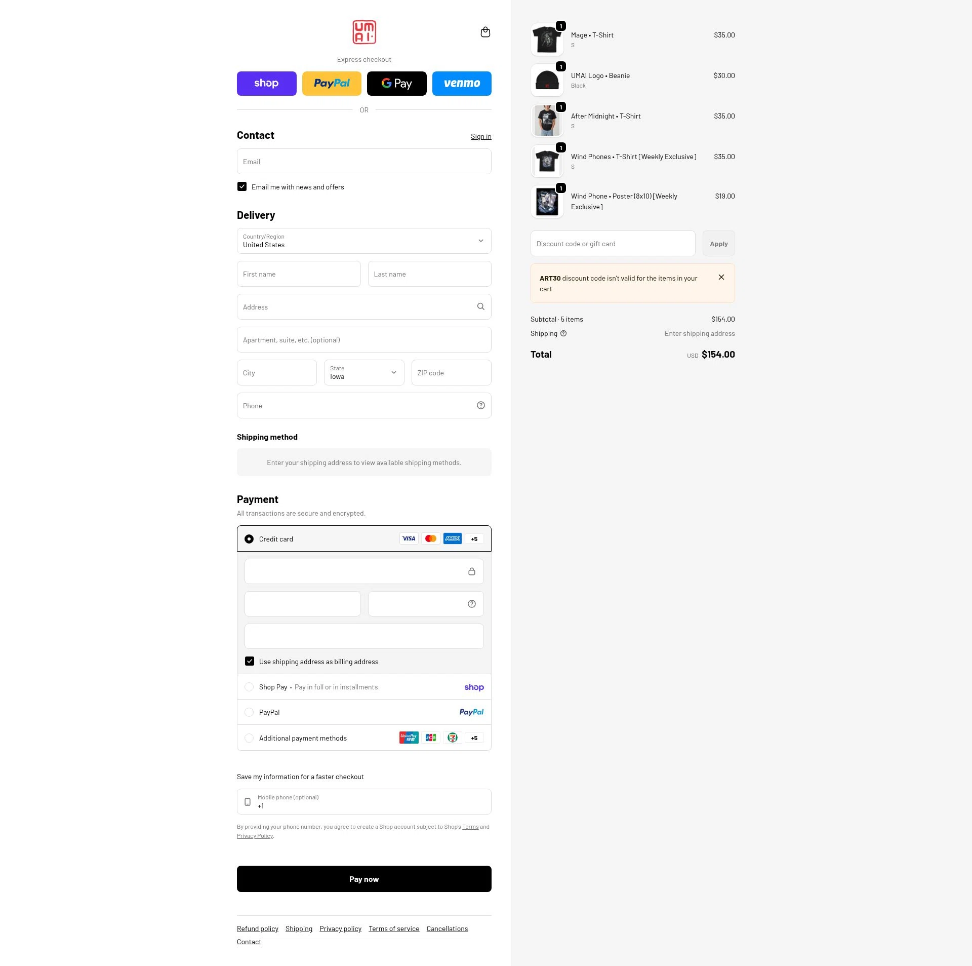 Umai Clothing checkout page showing Umai Clothing discount code box | Screenshot taken by SimplyCodes community member on Feb 10, 2026