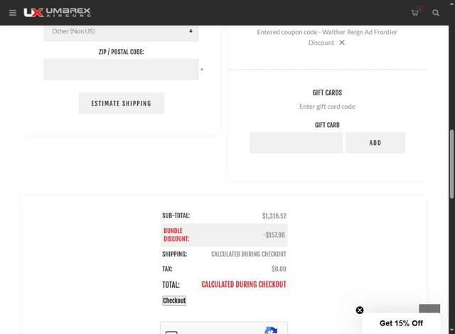 Umarex Usa checkout page showing Umarex Usa discount code box | Screenshot taken by SimplyCodes community member on Aug 28, 2025