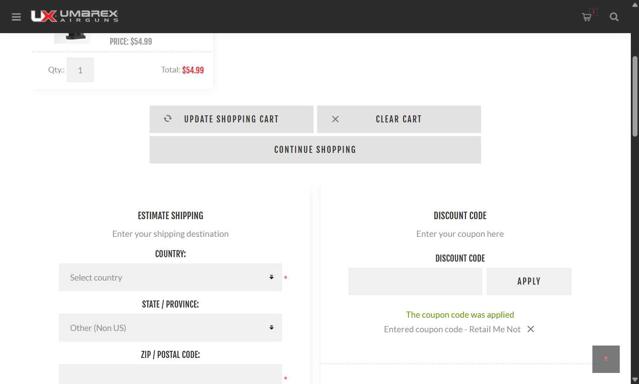 Umarex Usa checkout page showing Umarex Usa discount code box | Screenshot taken by SimplyCodes community member on Jul 20, 2025