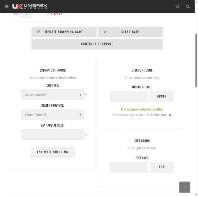 Umarex Usa checkout page showing Umarex Usa discount code box | Screenshot taken by SimplyCodes community member on Jul 20, 2025