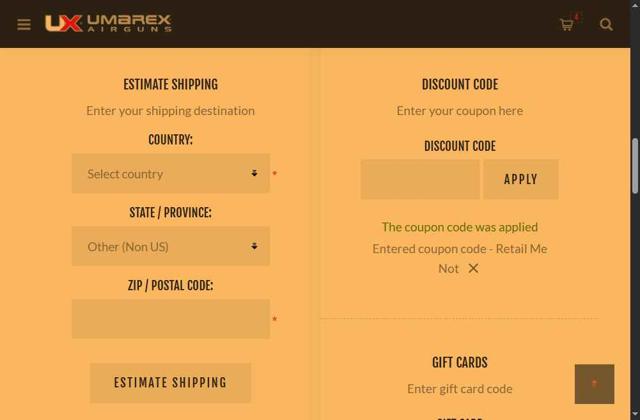 Umarex Usa checkout page showing Umarex Usa discount code box | Screenshot taken by SimplyCodes community member on Jul 20, 2025
